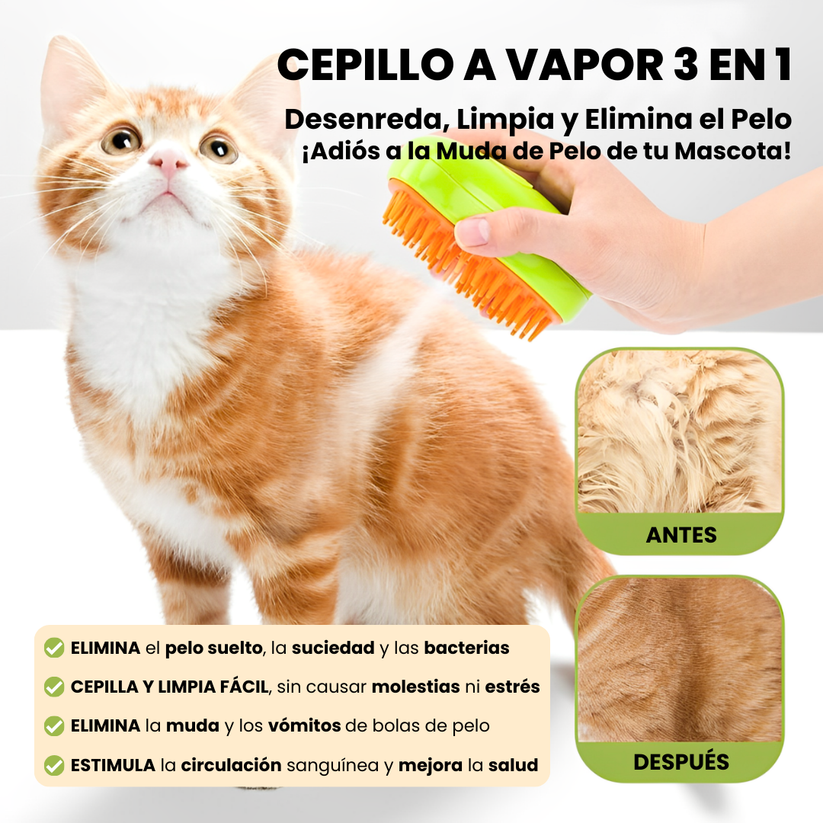 Cepillo de Vapor 3 en 1 - Elimina Muda de Pelo de Mascotas